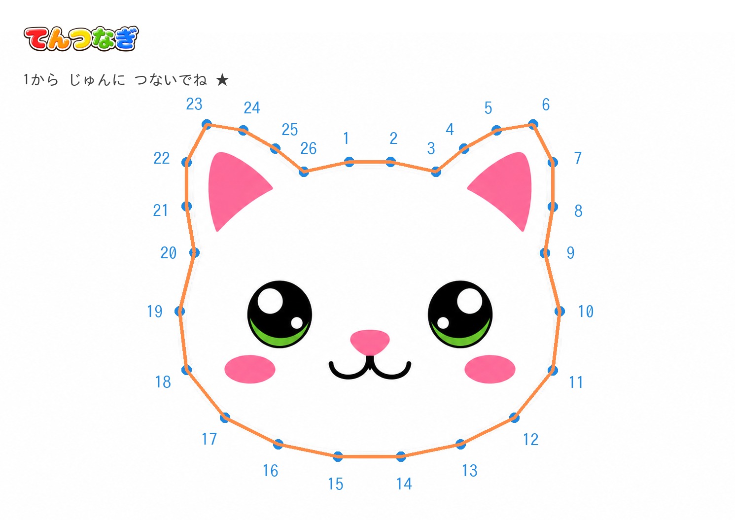 ねこの てんつなぎプリント【無料】4〜6歳向け 1〜25の数字つなぎ・A4の答えページ