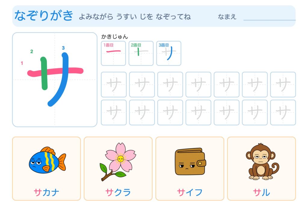サのなぞりがきプリント