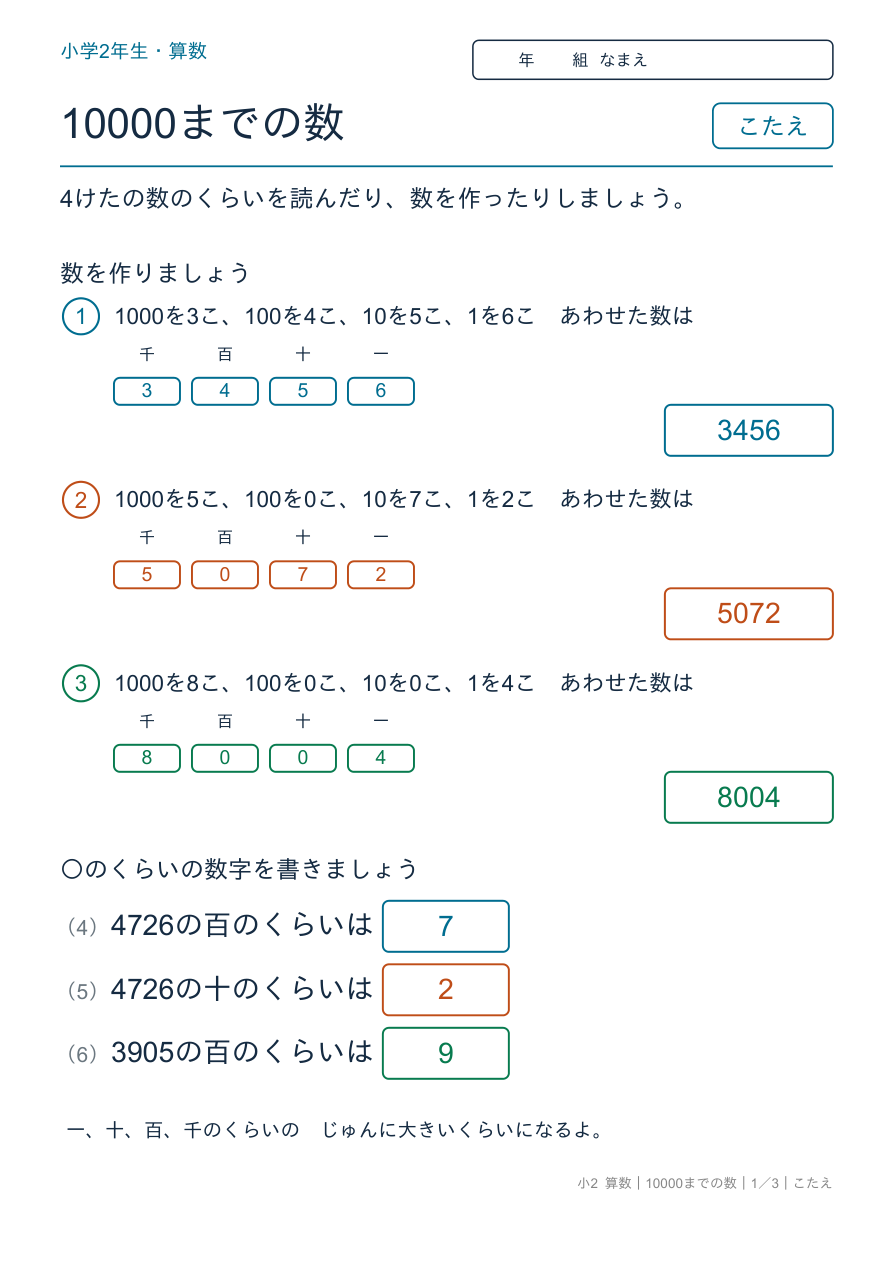 10000までの数 位を読もう のこたえページ