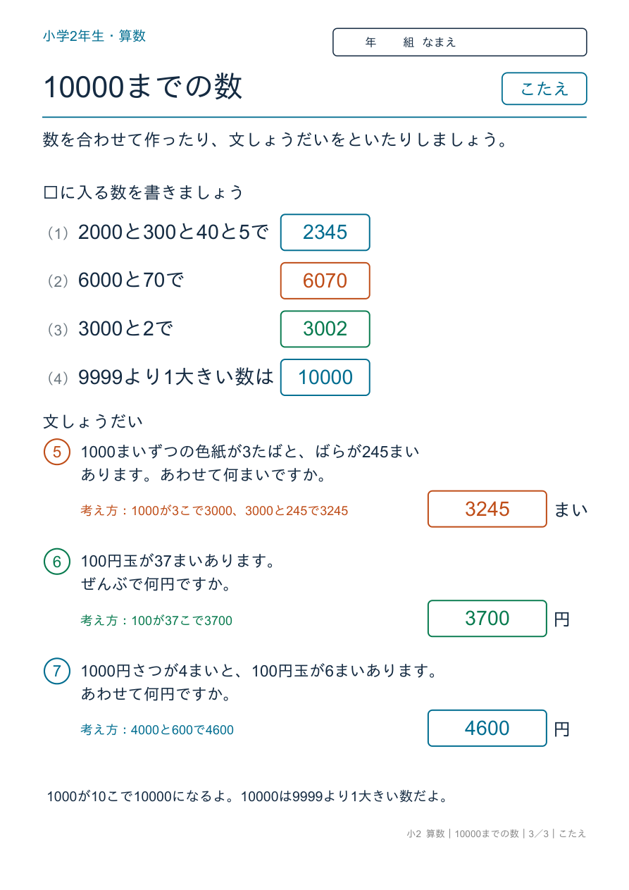 10000までの数 数の合成と文章題 のこたえページ