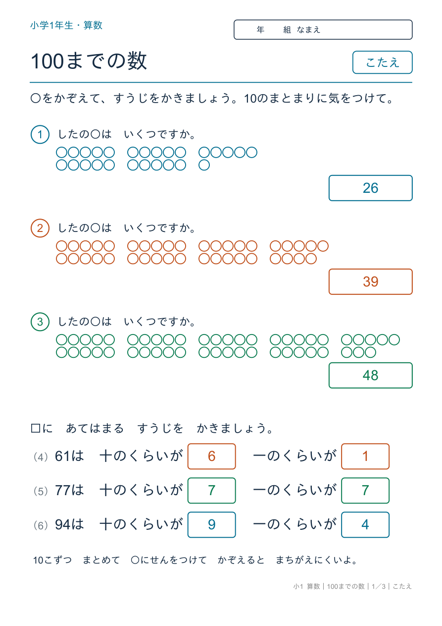 100までの数 すうじのよみかきと10のまとまり のこたえページ