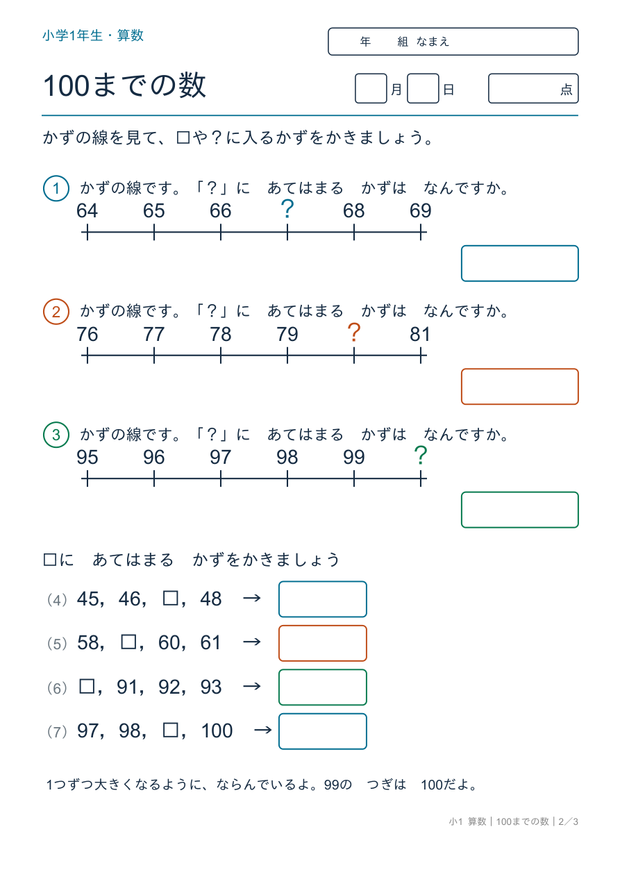 100までの数 かずの線とじゅんばん(100まで)