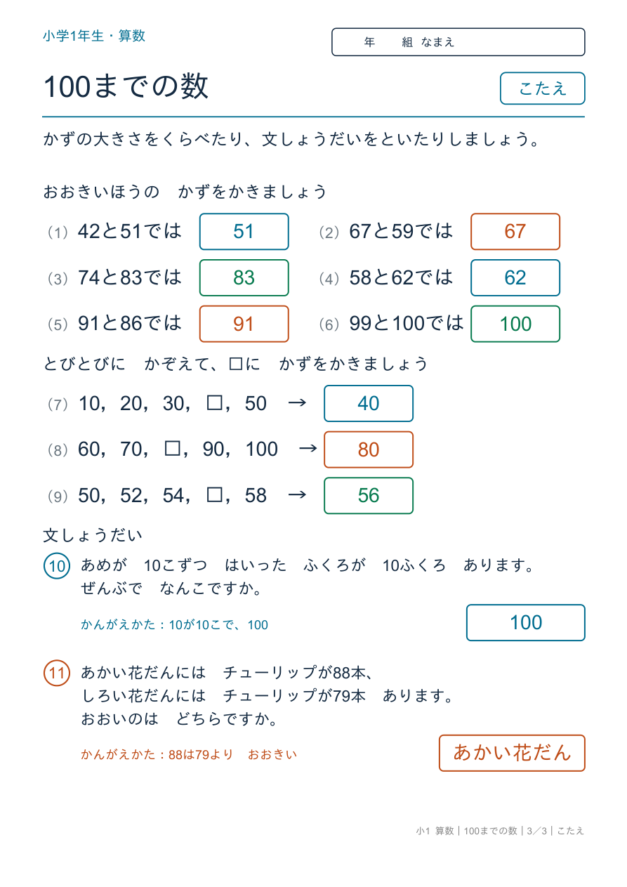 100までの数 大きさくらべと文しょうだい のこたえページ
