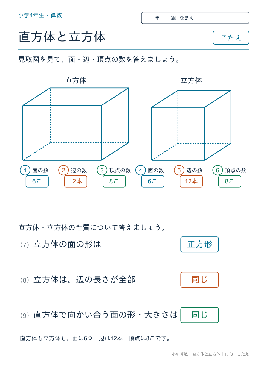 直方体と立方体 見取図と面・辺・頂点の数 のこたえページ