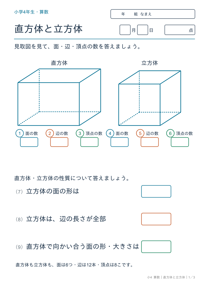 直方体と立方体 見取図と面・辺・頂点の数