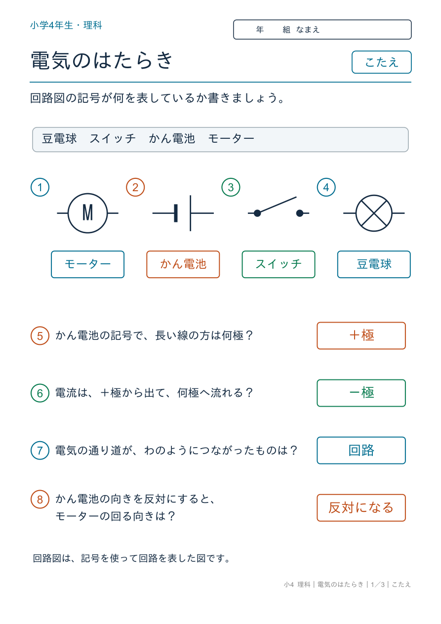 電気のはたらき 回路図の記号 のこたえページ