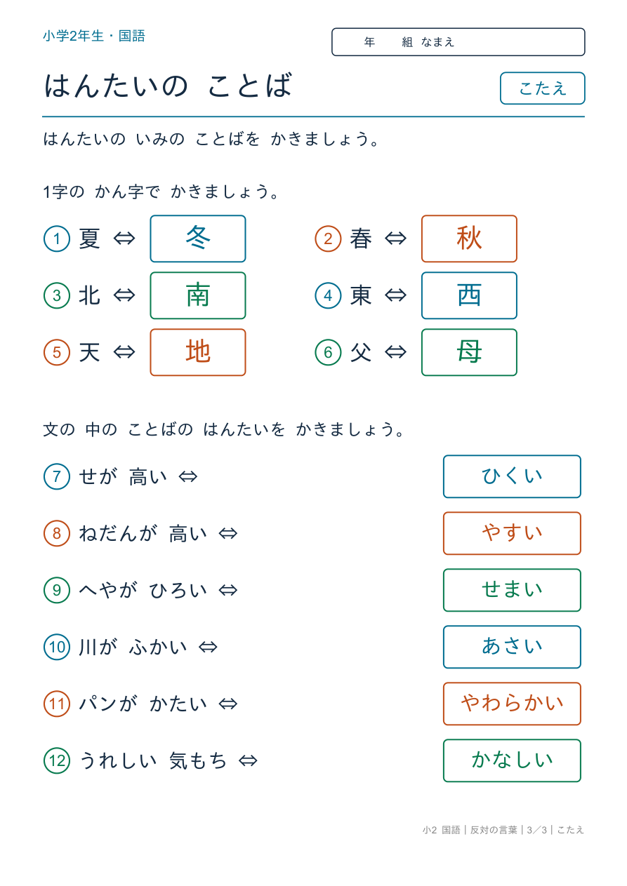 反対の言葉 はんたいの ことば まとめ のこたえページ