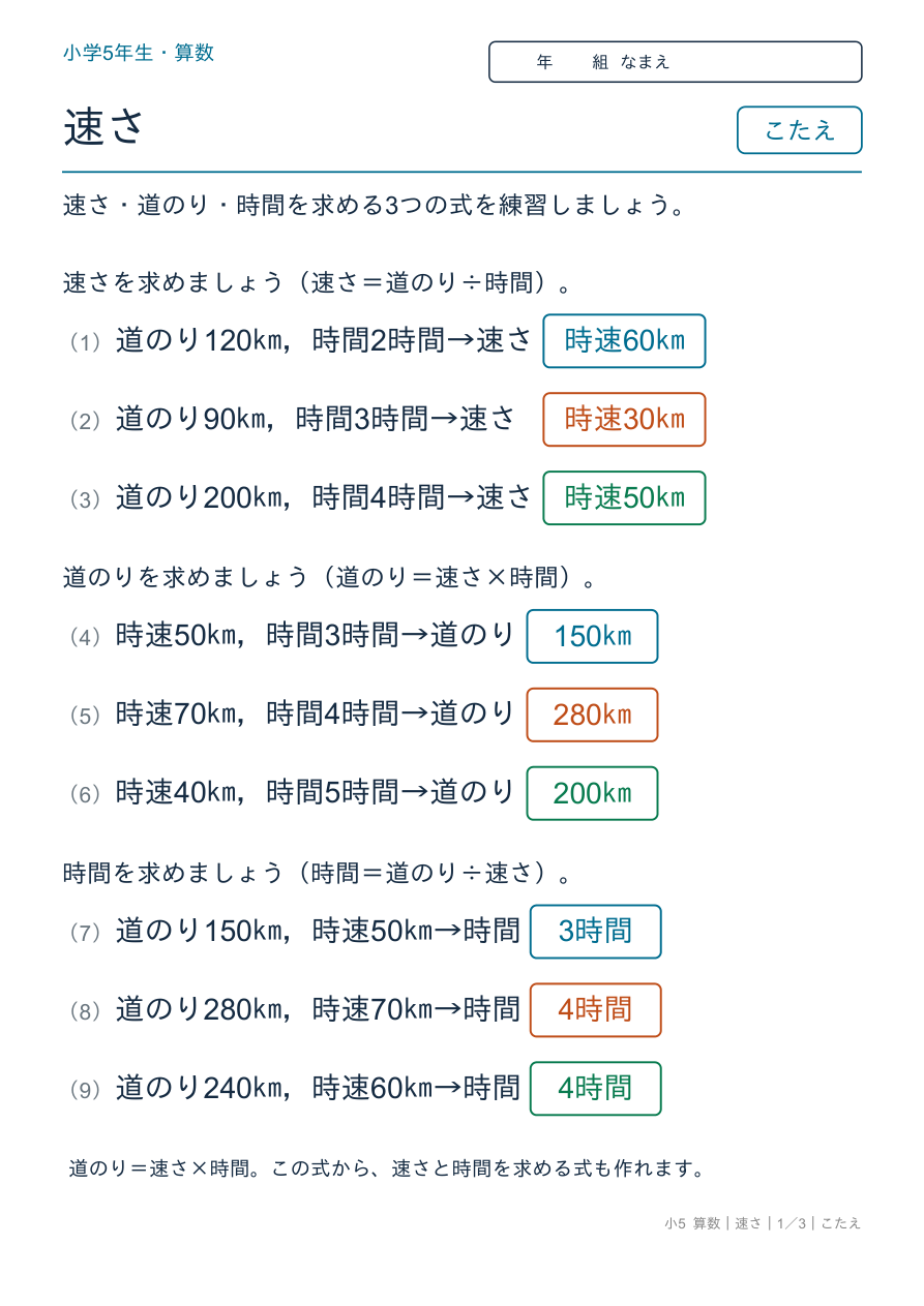 速さ 速さ・道のり・時間 のこたえページ