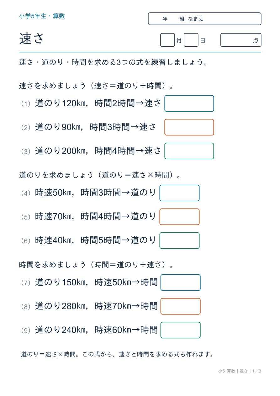 速さ 速さ・道のり・時間 の問題ページ