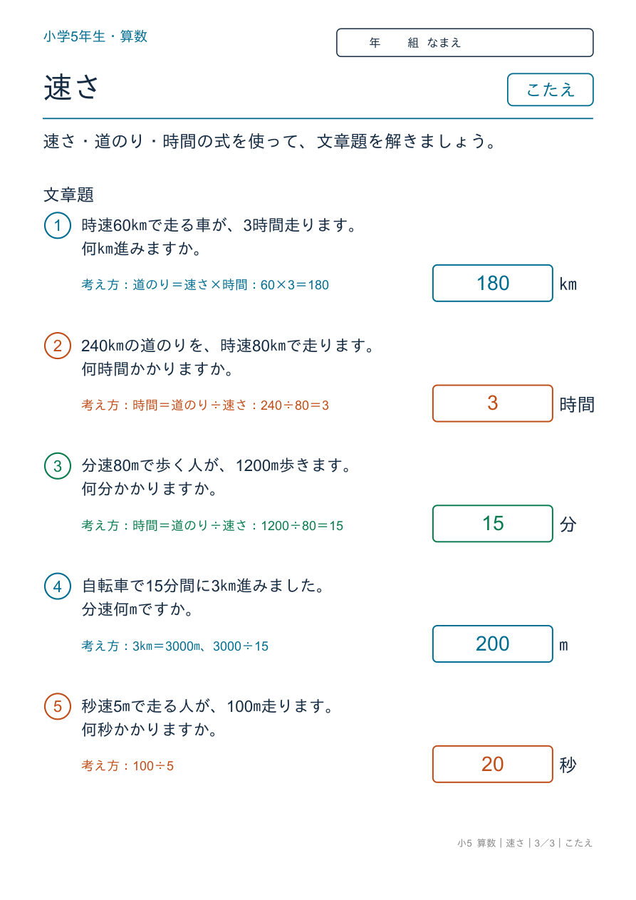 速さ 速さの文章題 のこたえページ