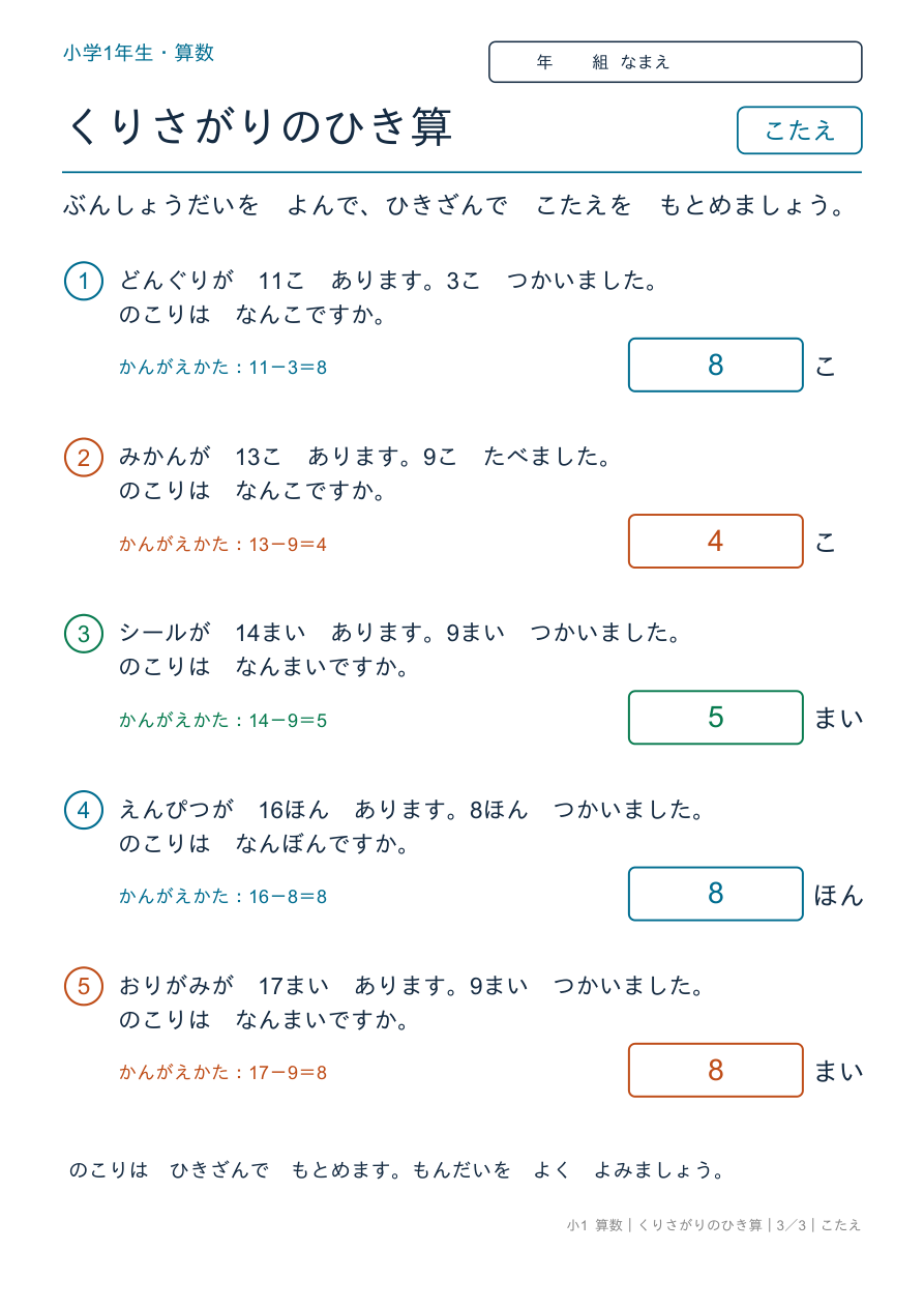 ひき算 くりさがり ぶんしょうだい のこたえページ