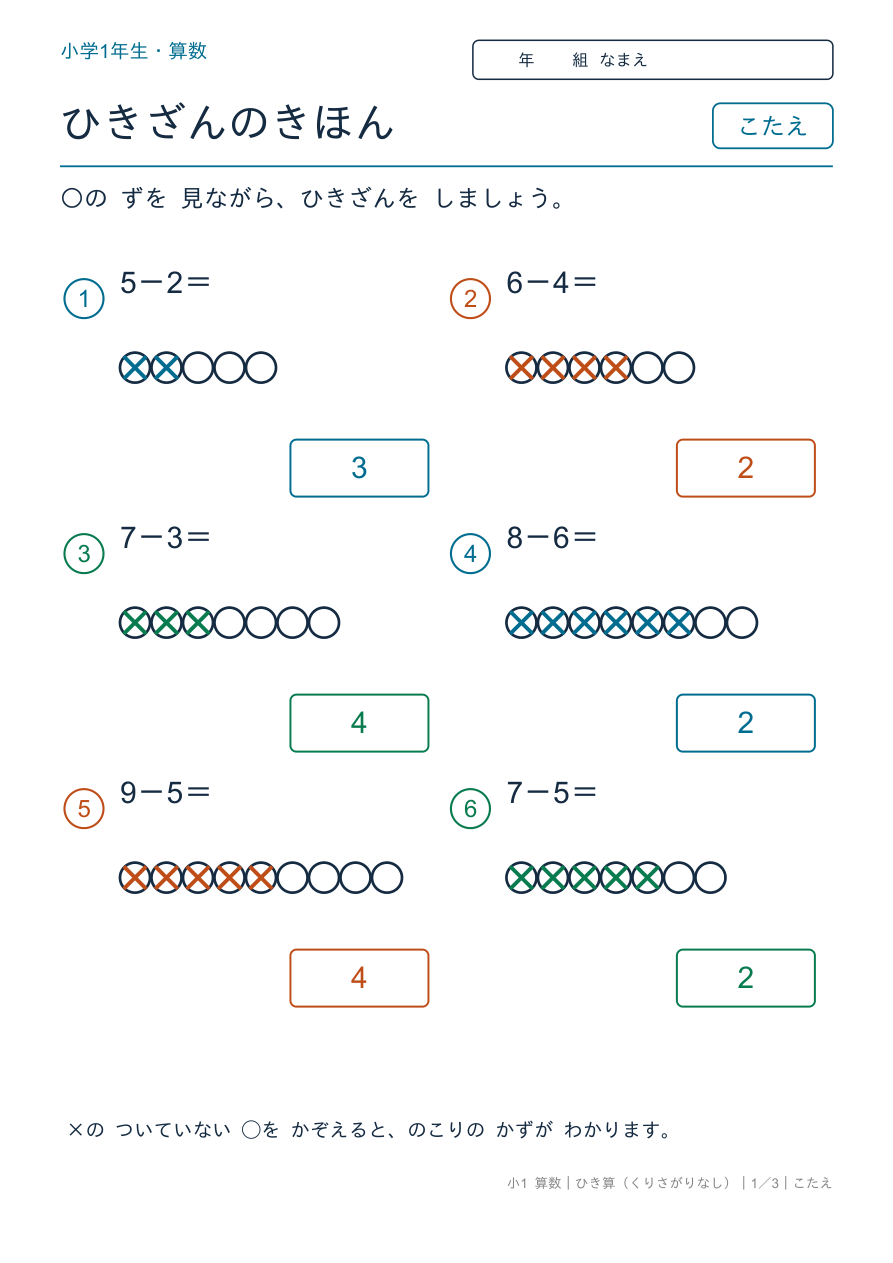 ひき算 くりさがりなし 9までのひきざん(ずをつかって) のこたえページ