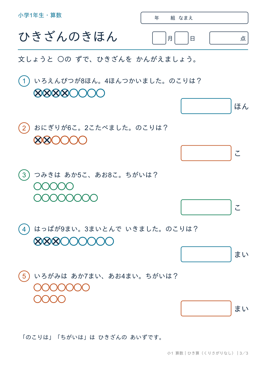 ひき算 くりさがりなし ひきざんの ぶんしょうだい