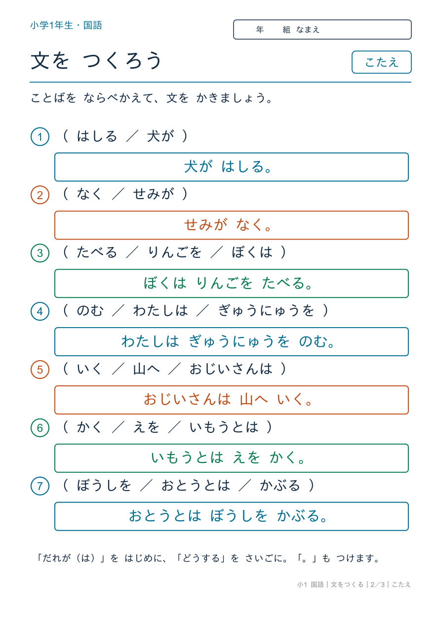 文をつくる ことばを ならべて 文に しよう のこたえページ