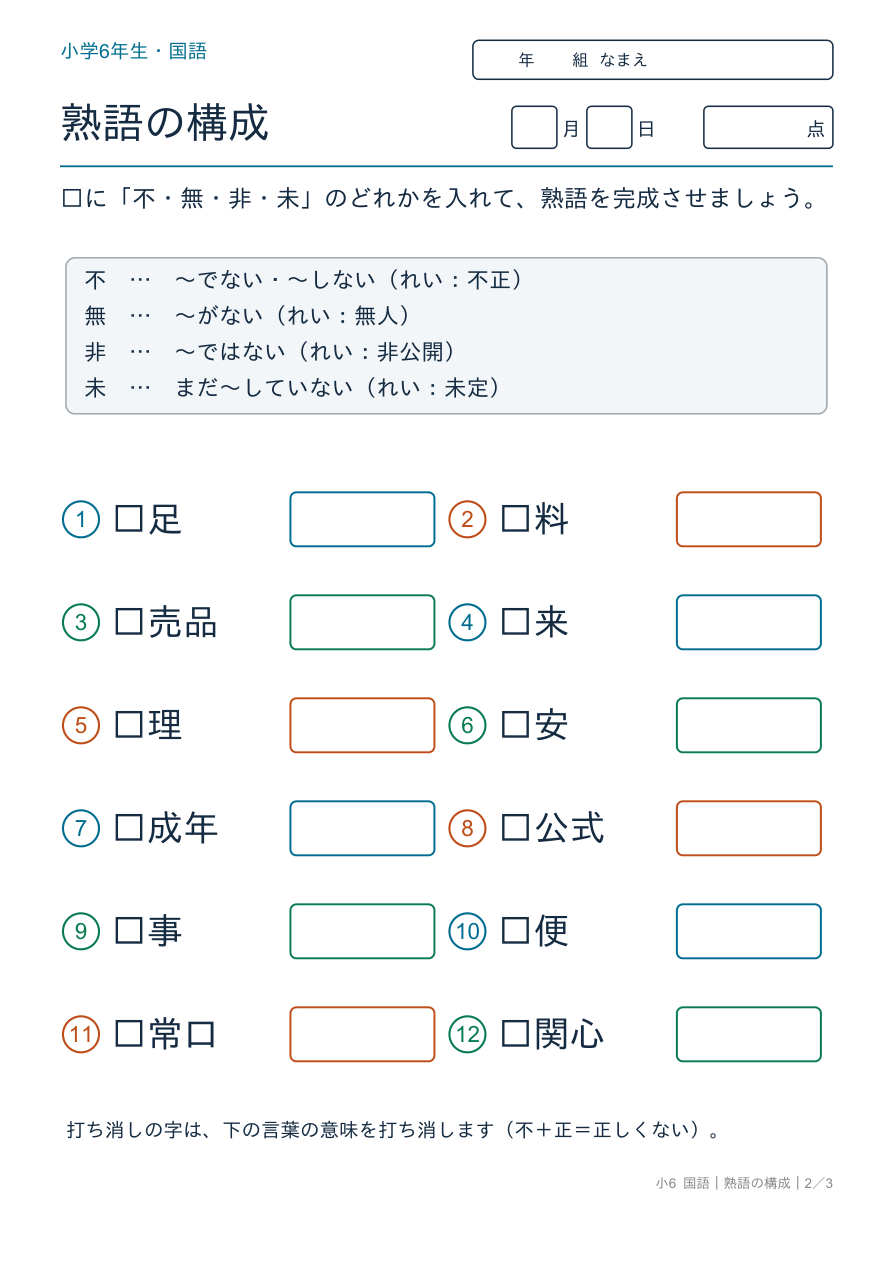 熟語の構成 打ち消しの字