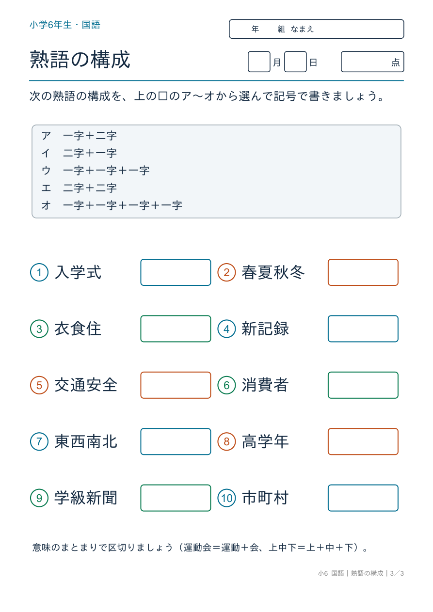 熟語の構成 三字・四字の熟語