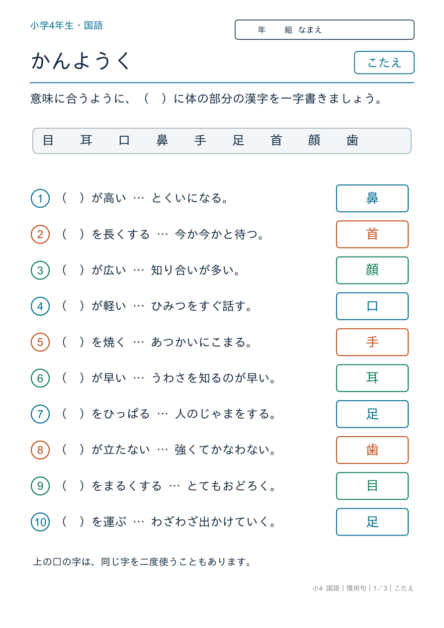 慣用句 体が入る慣用句 のこたえページ