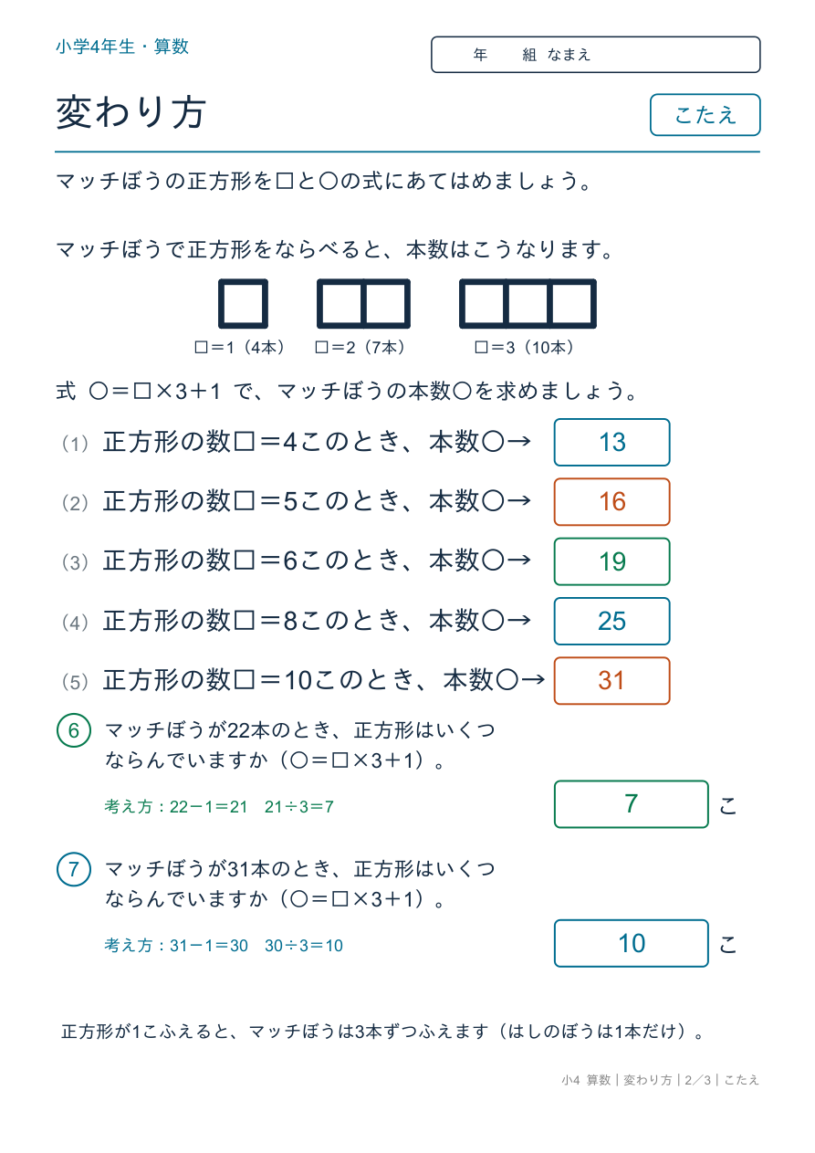 変わり方 □と○の式にあてはめよう のこたえページ