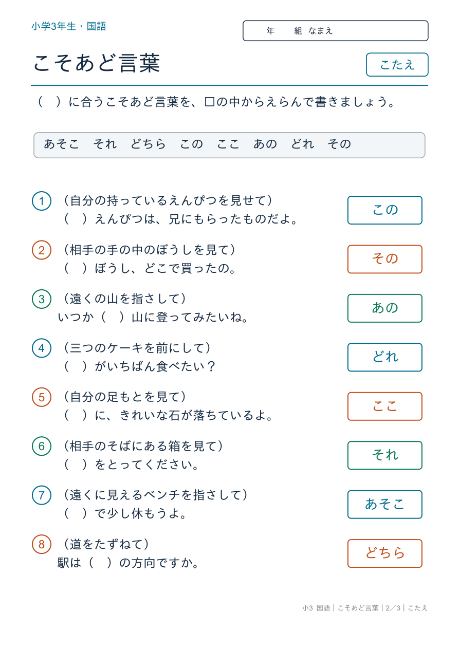 こそあど言葉 場面に合う言葉 のこたえページ