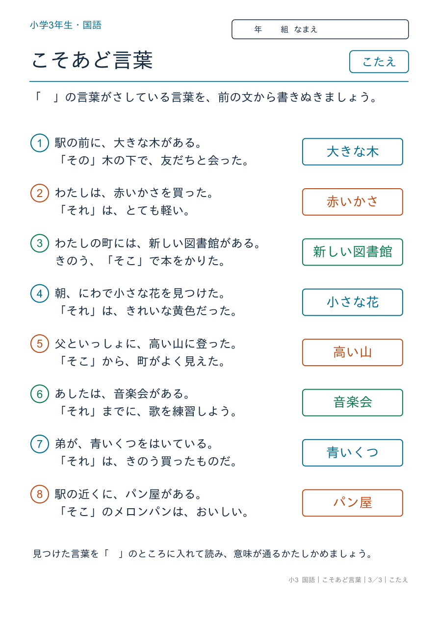 こそあど言葉 さしている言葉 のこたえページ