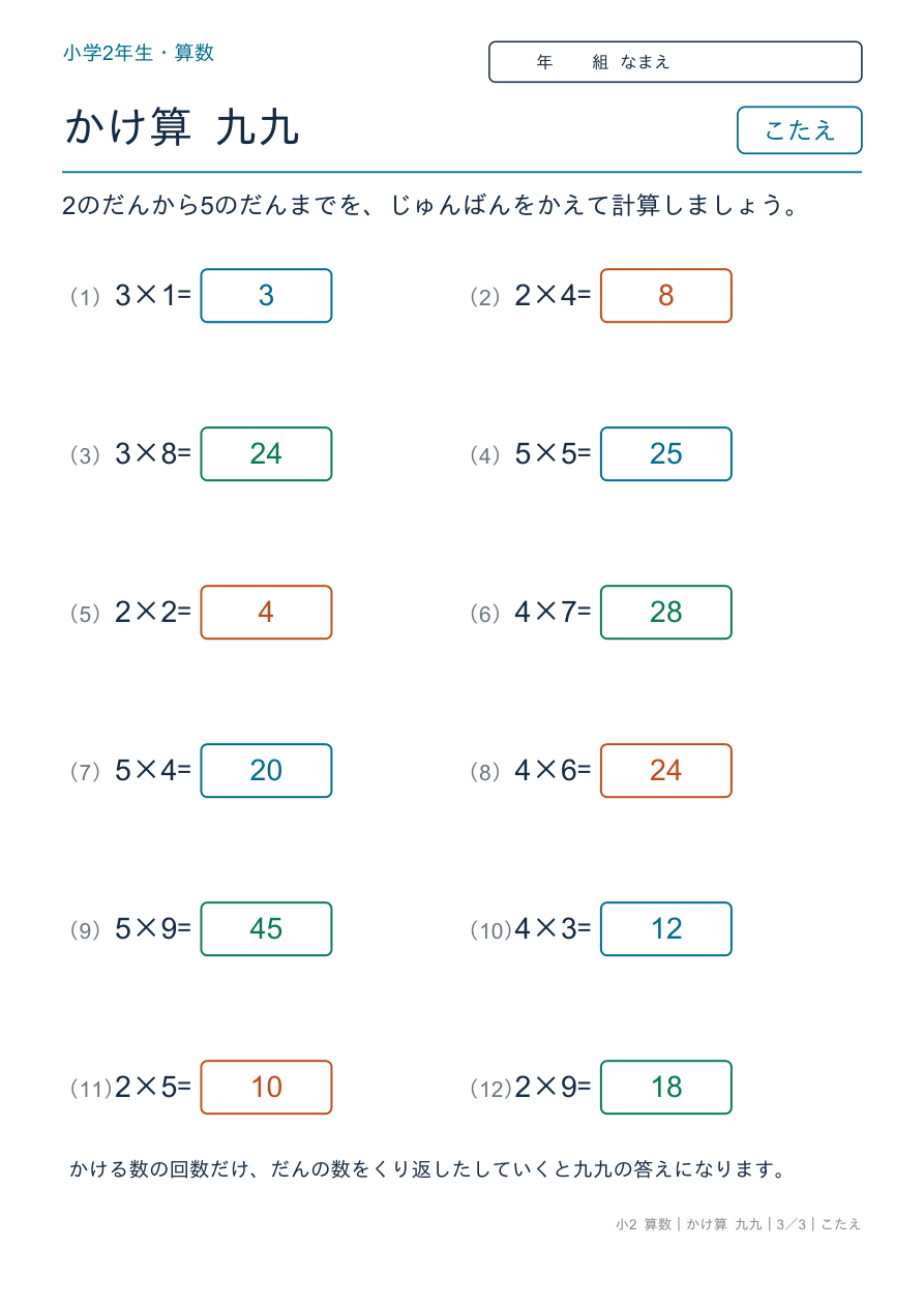 かけ算 九九 ばらばら九九(2〜5の段) のこたえページ
