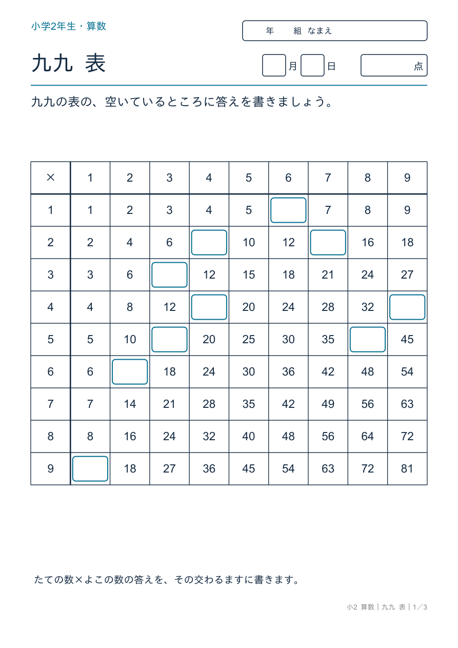 九九 表 九九表の穴うめ（基本）