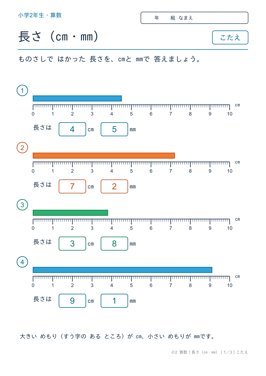 長さ(cm・mm) ものさしの目もりを読もう のこたえページ