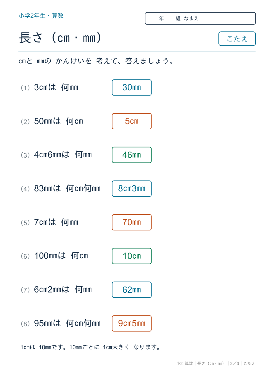 長さ(cm・mm) cmとmmの単位 のこたえページ