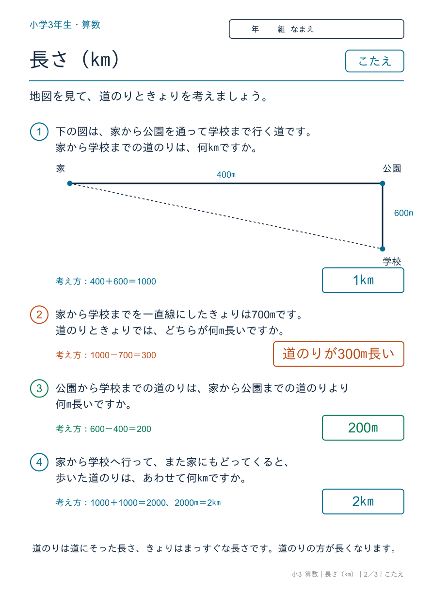 長さ(km) 道のりときょり のこたえページ