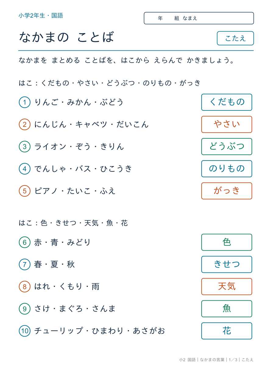 なかまの言葉 まとめる ことば のこたえページ