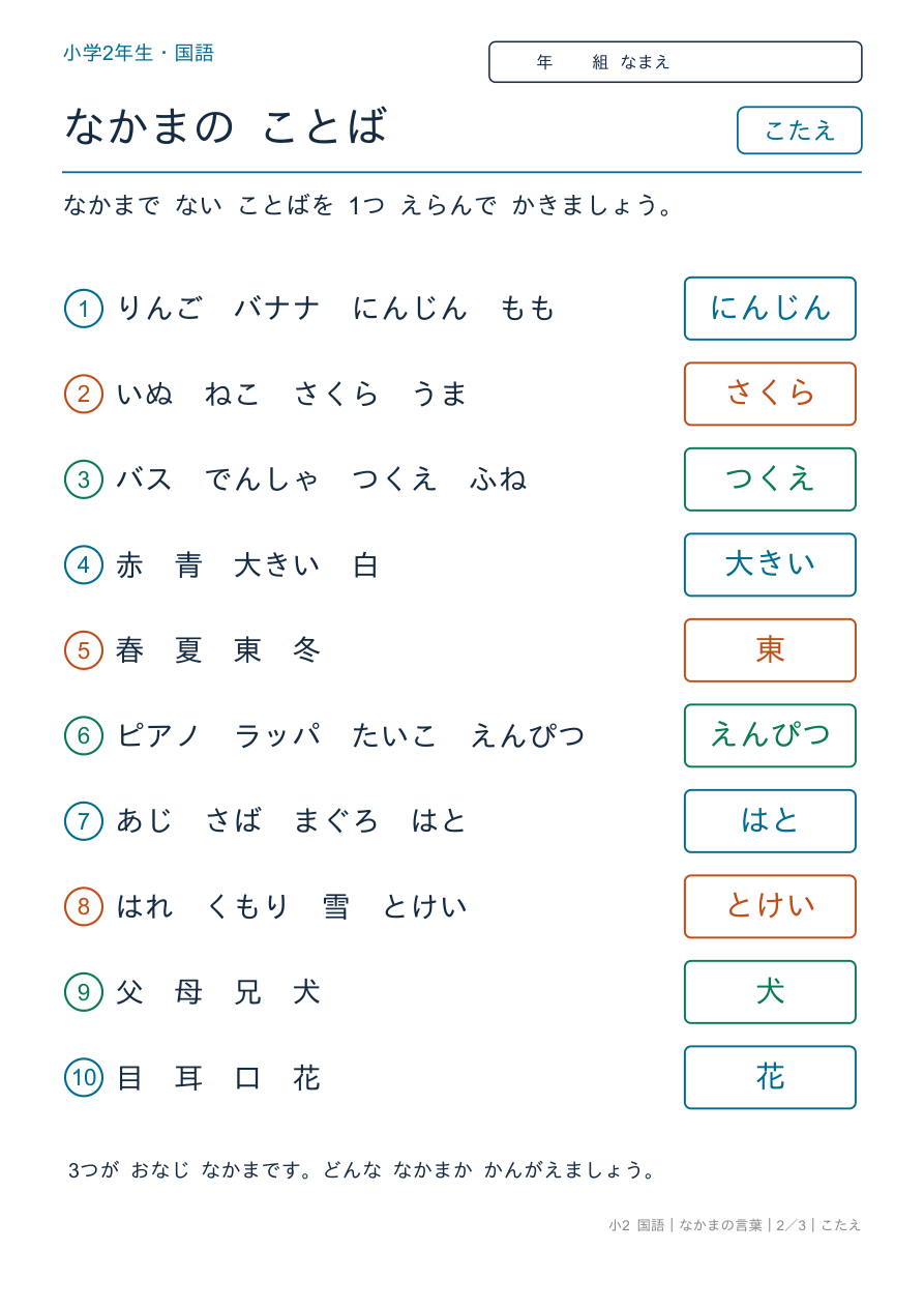 なかまの言葉 なかまはずれを さがそう のこたえページ