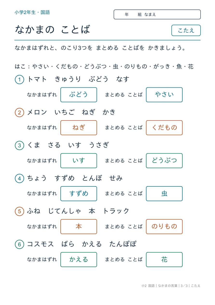 なかまの言葉 なかまはずれと まとめる ことば のこたえページ
