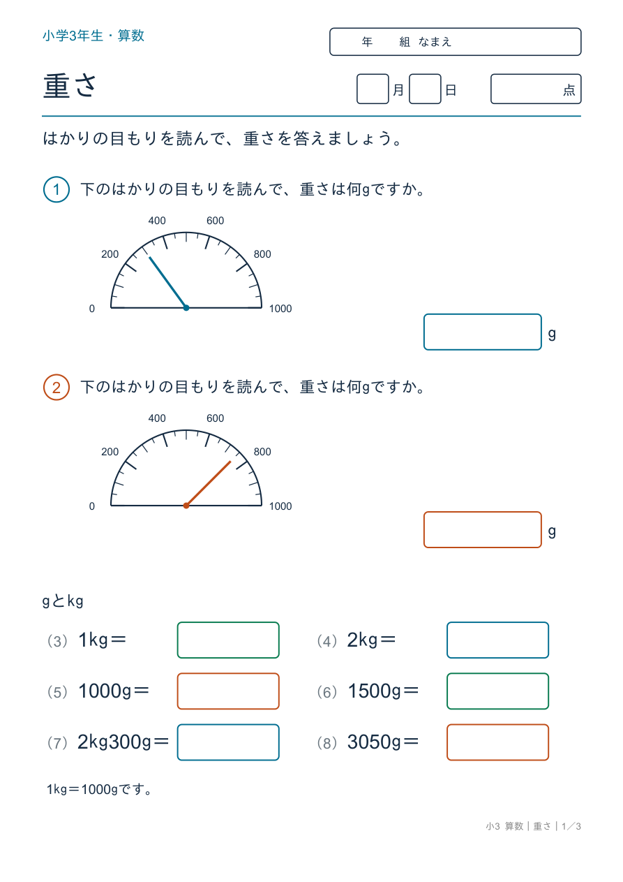 重さ はかりの目もり(g・kg) の問題ページ