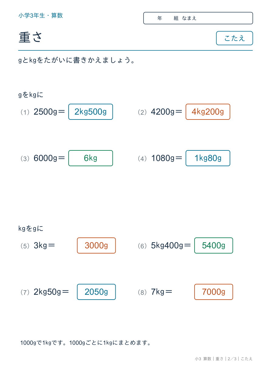 重さ 重さの単位換算 のこたえページ