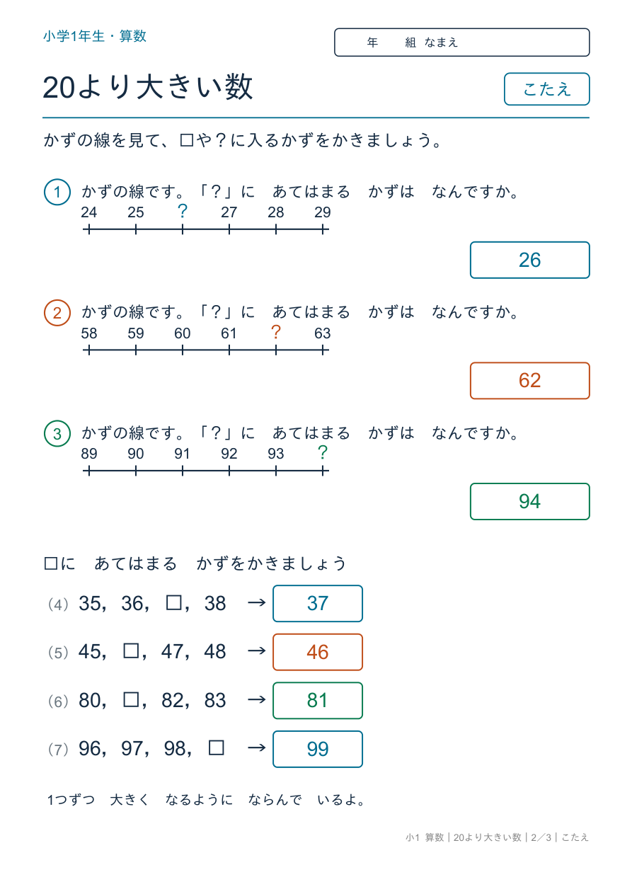 20より大きい数 かずの線とじゅんばん のこたえページ