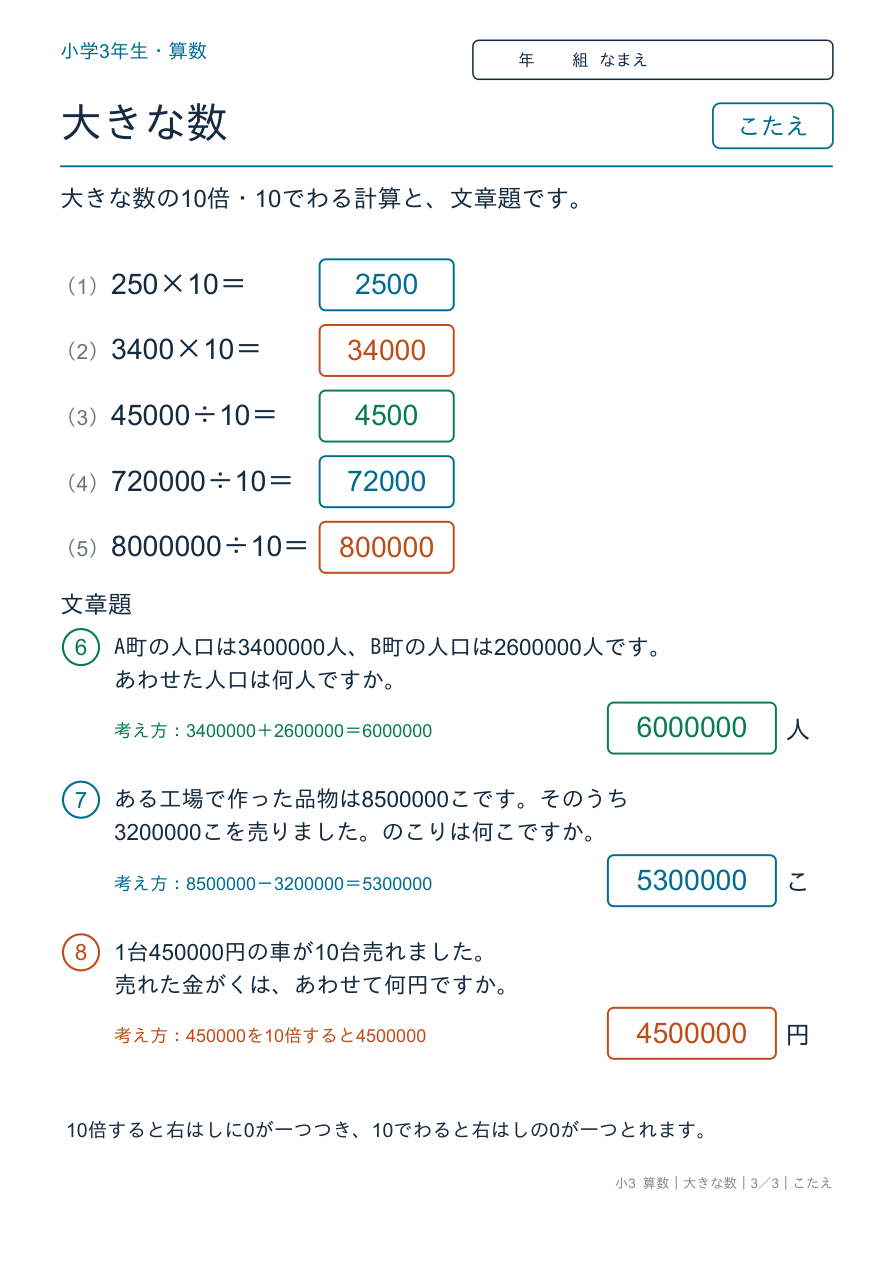 大きな数 10倍・10でわる・文章題 のこたえページ