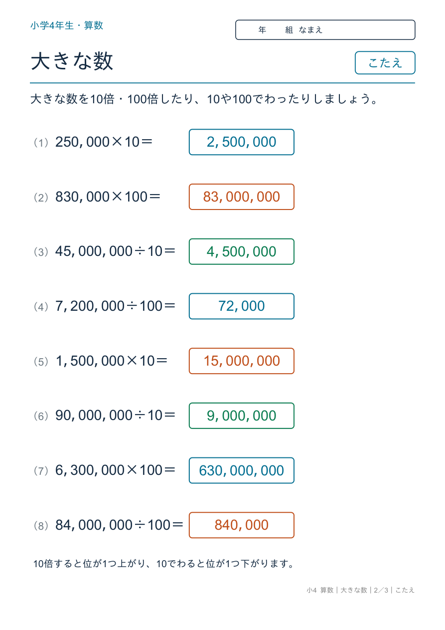 大きな数 10倍・10でわる のこたえページ