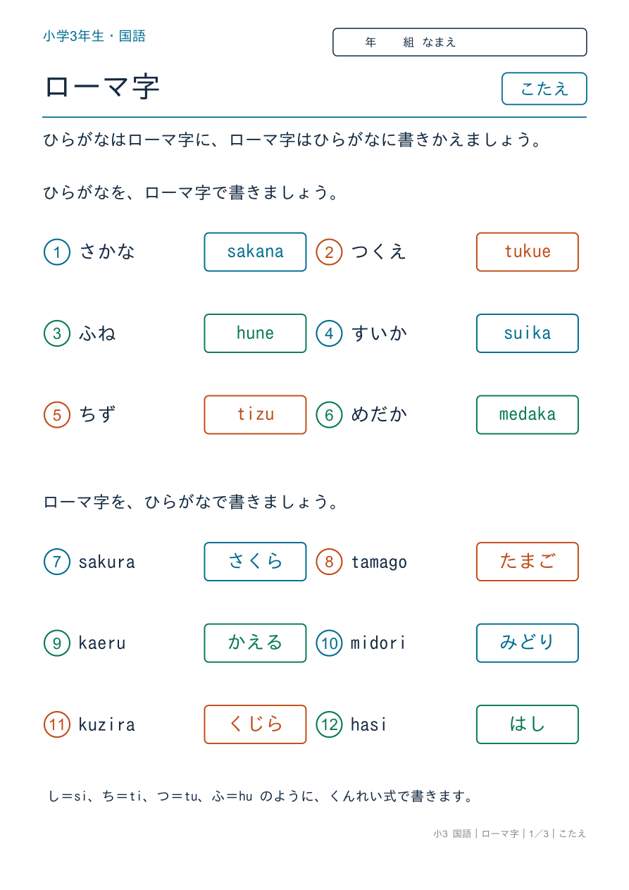 ローマ字 ローマ字の読み書き のこたえページ