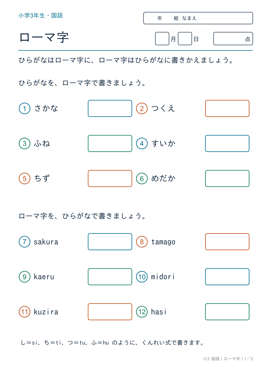 ローマ字 ローマ字の読み書き の問題ページ