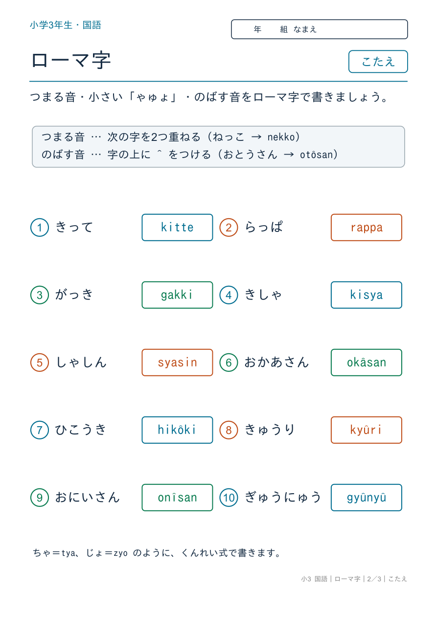 ローマ字 つまる音・のばす音 のこたえページ