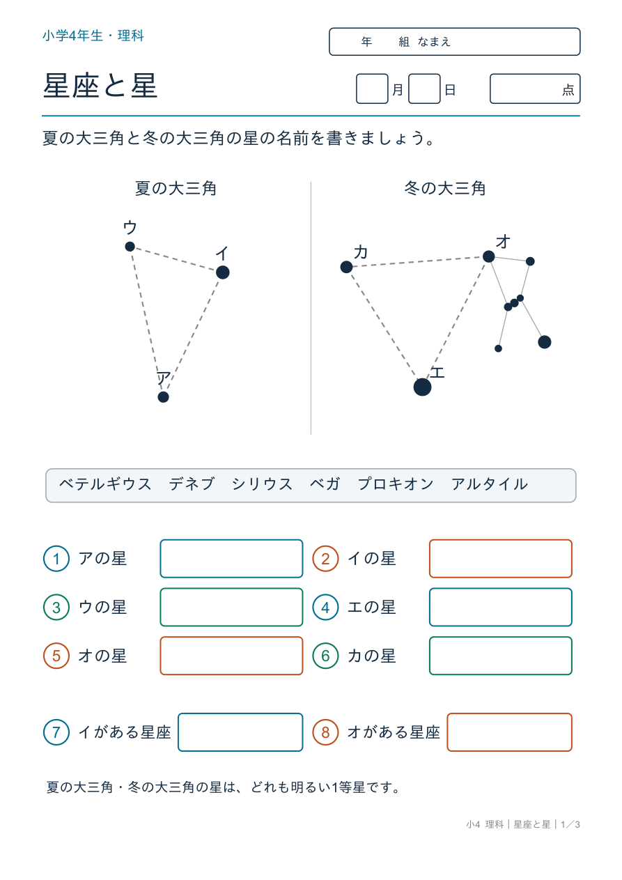 星座と星 夏と冬の大三角 の問題ページ