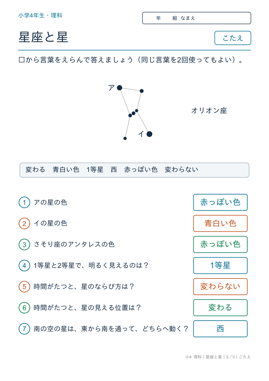 星座と星 星の明るさと色 のこたえページ