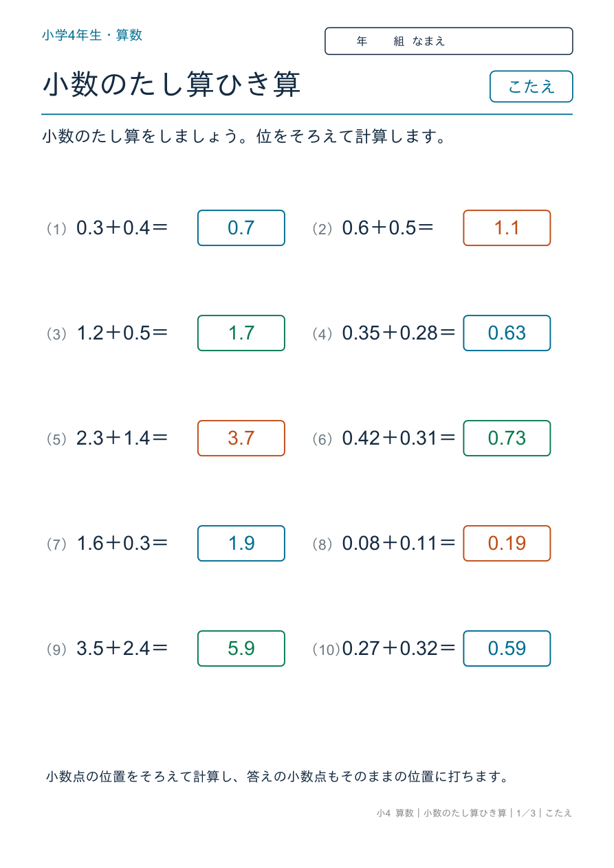 小数のたし算ひき算 小数のたし算をしよう のこたえページ