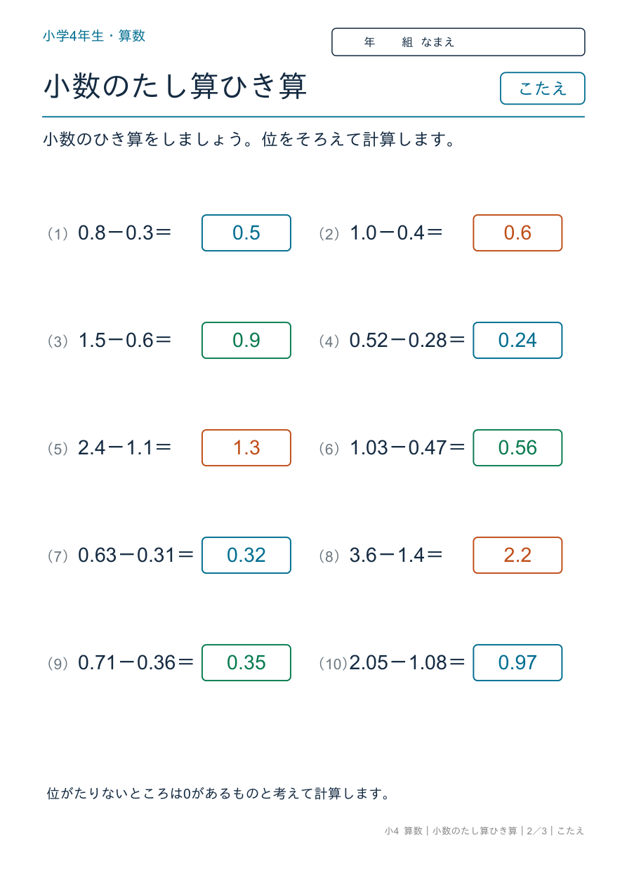 小数のたし算ひき算 小数のひき算をしよう のこたえページ