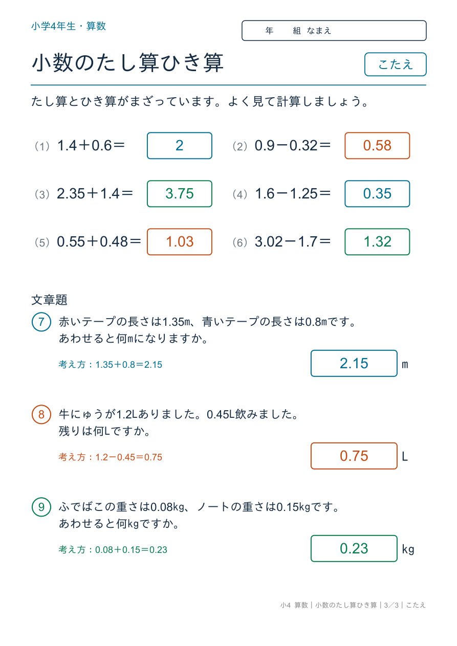 小数のたし算ひき算 たし算・ひき算のまとめと文章題 のこたえページ