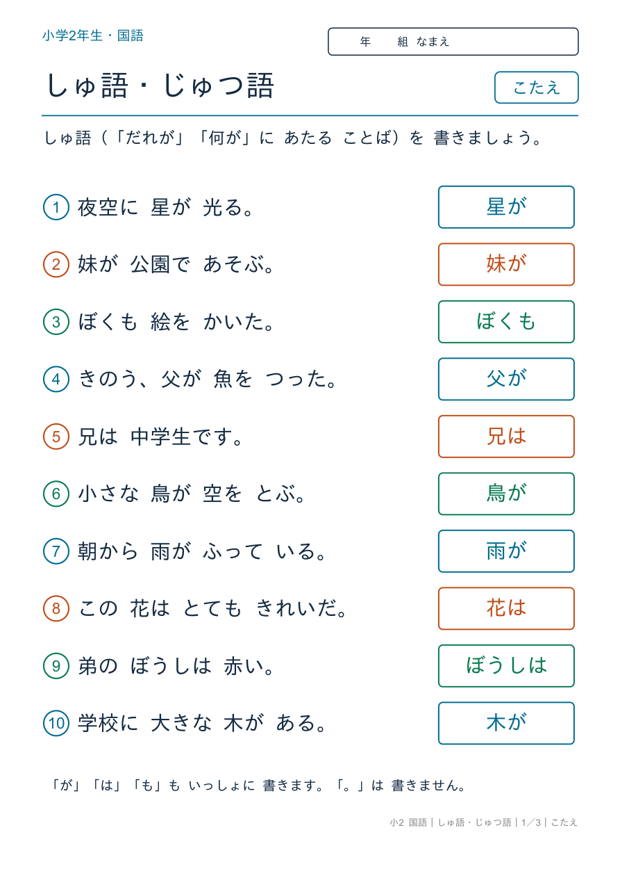 2年の主語・述語 しゅ語を 見つけよう のこたえページ