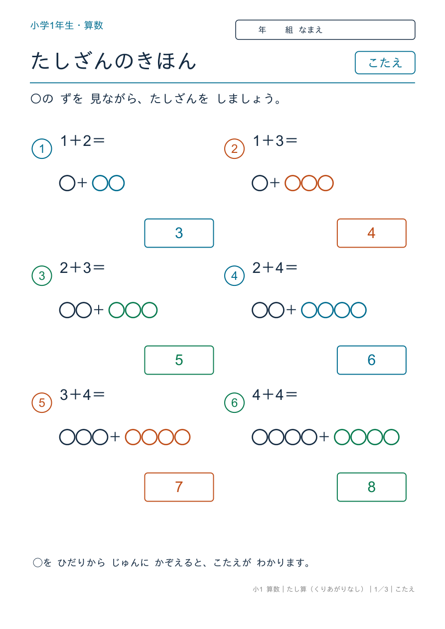 たし算 くりあがりなし 9までのたしざん(ずをつかって) のこたえページ