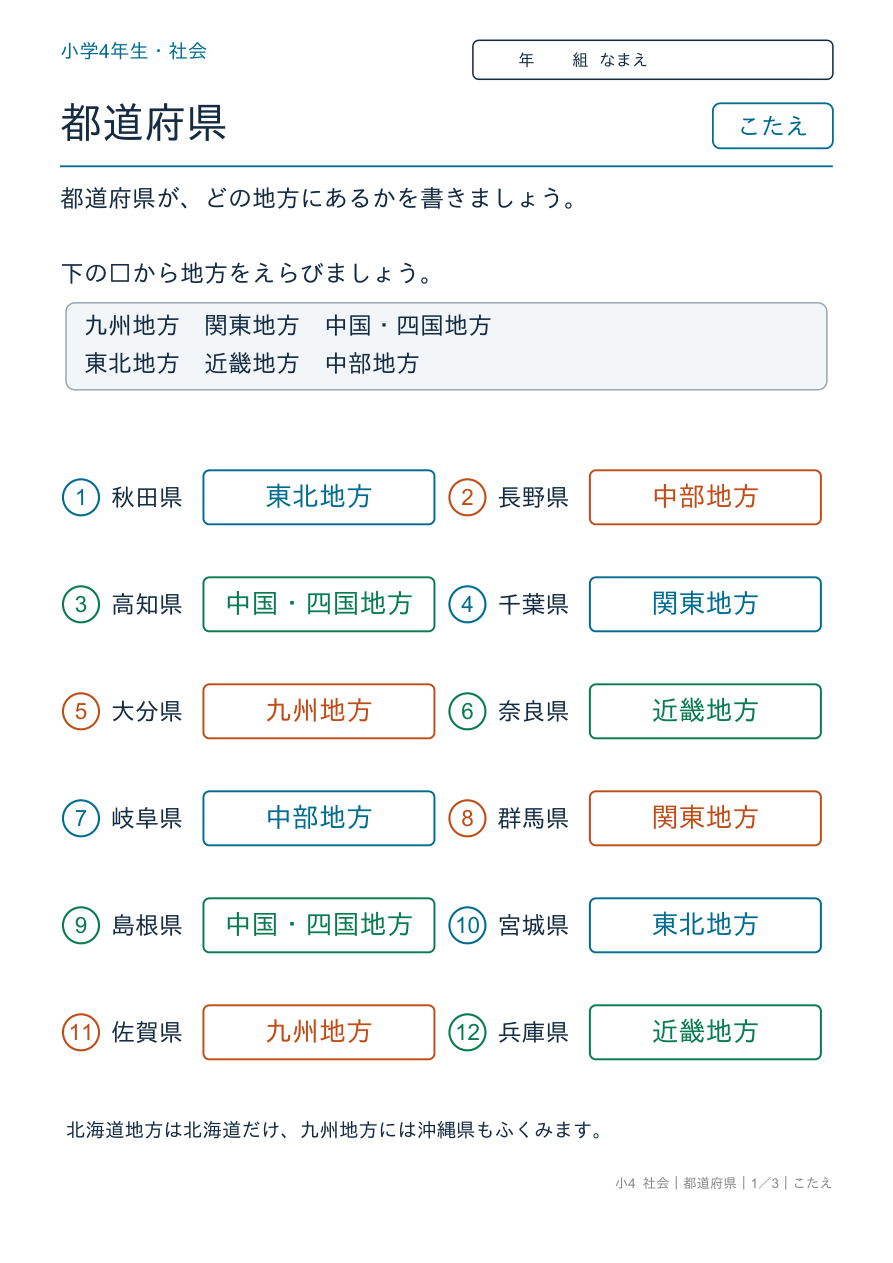 都道府県 都道府県と地方 のこたえページ