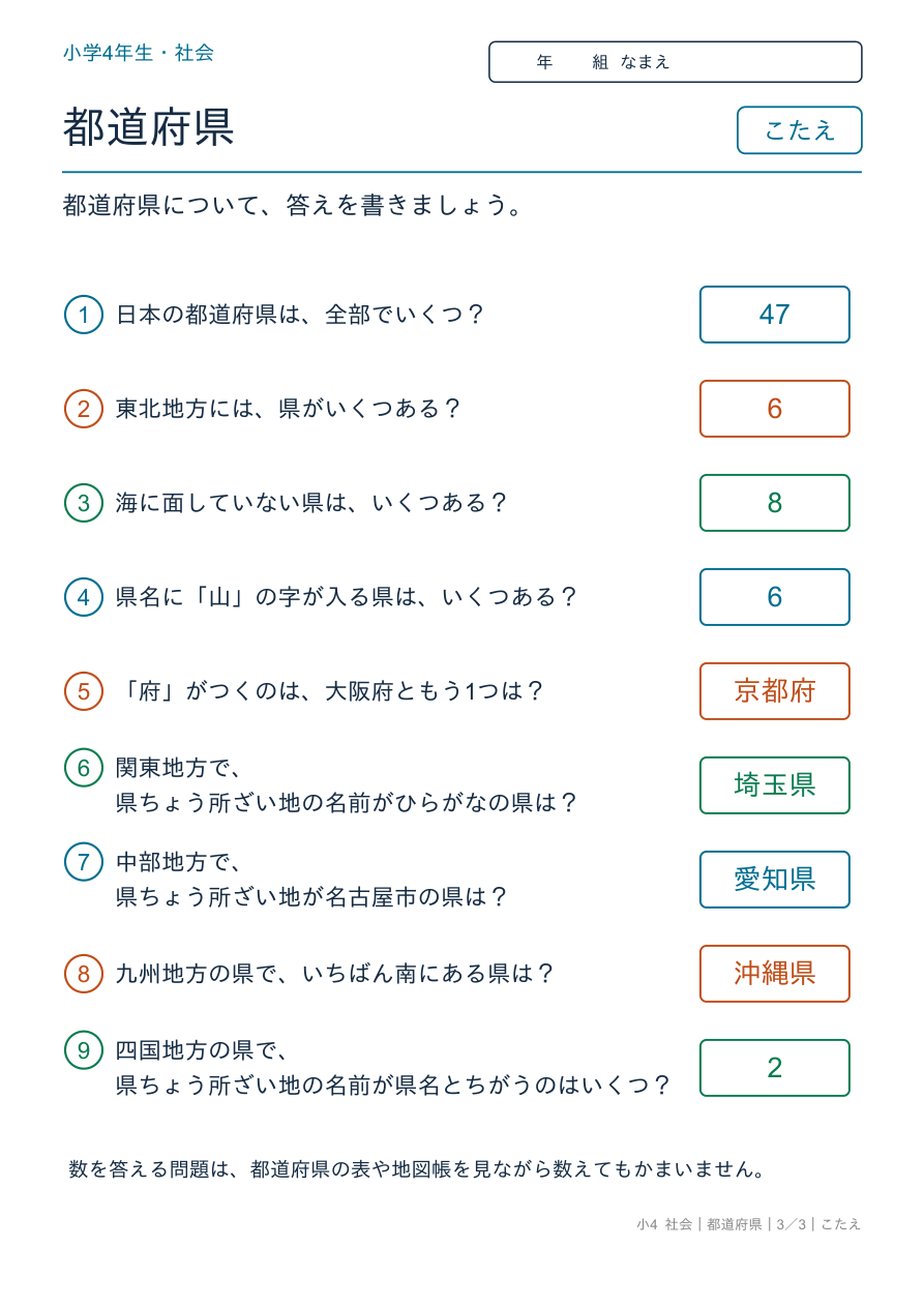 都道府県 都道府県のまとめ のこたえページ