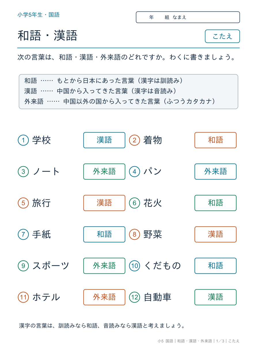和語・漢語・外来語 三つに分けよう のこたえページ
